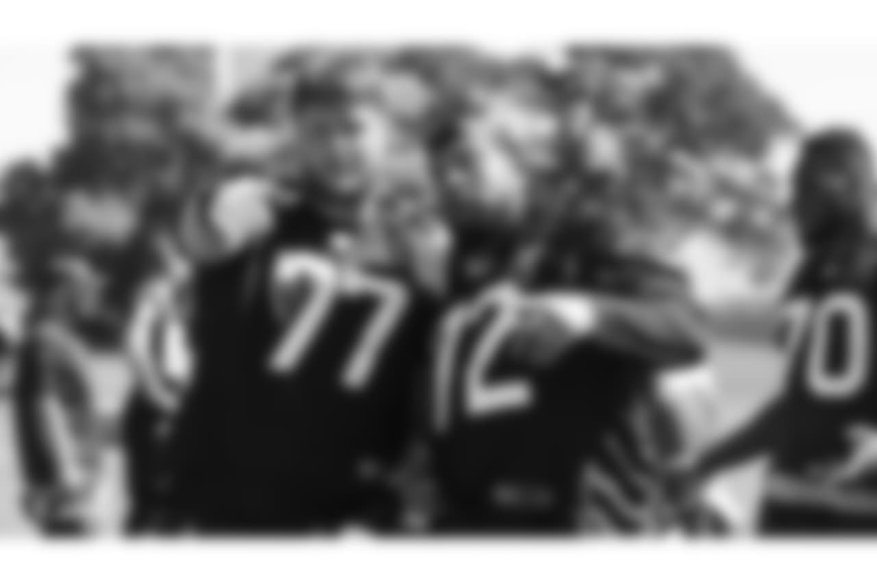 Oakland Raiders tackles Kolton Miller (77) and Donald Penn (72) on the field for practice at 2018 at the Oakland Raiders Practice Facility Saturday, September 8, 2018, in Alameda, California.
