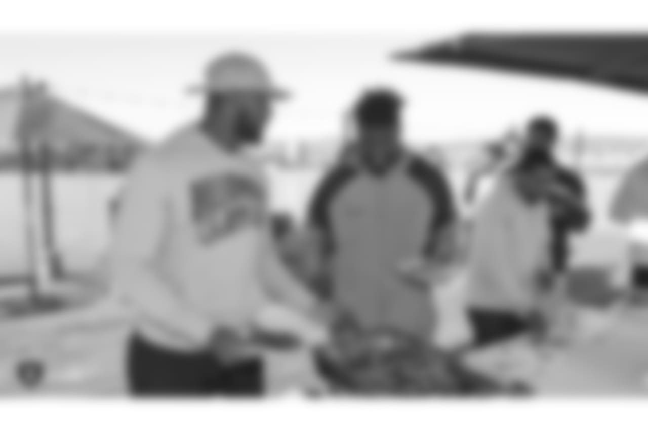 Oakland Raiders rookies, alumni, and staff members share a meal at Lake Chalet, as part of Rookie Academy, Monday, June 18, 2018, in Oakland, California.