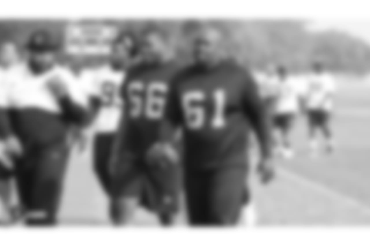 Oakland Raiders guard Gabe Jackson (66) and center Rodney Hudson (61) on the field for practice at the Oakland Raiders Practice Facility, Friday, November 9, 2018, in Alameda, California.