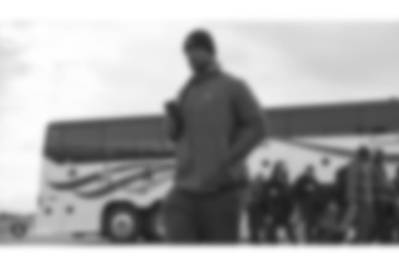Oakland Raiders tackle Jamar McGloster (64) departs for their game against the Cincinnati Bengals, Friday, December 14, 2018, in Oakland, California.