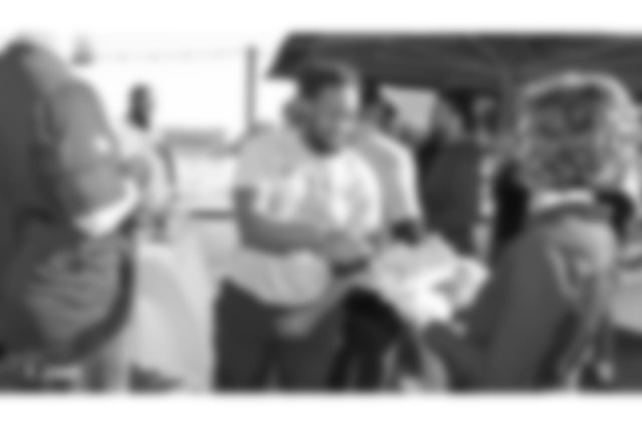 Oakland Raiders rookies, alumni, and staff members share a meal at Lake Chalet, as part of Rookie Academy, Monday, June 18, 2018, in Oakland, California.