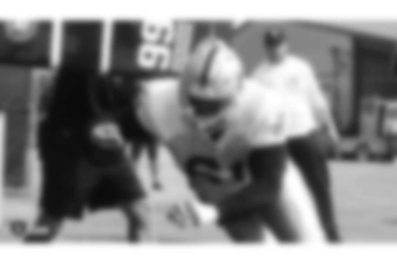 Oakland Raiders center Rodney Hudson (61) on the field for practice at 2018 Training Camp at The Oakland Raiders Napa Valley Training Complex, Friday, August 3, 2018, in Napa, California.