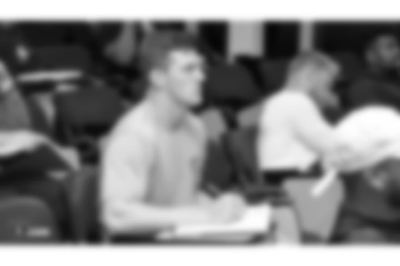 Oakland Raiders rookies listen to speaker Marco Coleman, assistant defensive line coach and financial advisor, as part of Rookie Academy, at the Oakland Raiders Practice Facility, Wednesday, June 20, 2018, in Alameda, California.