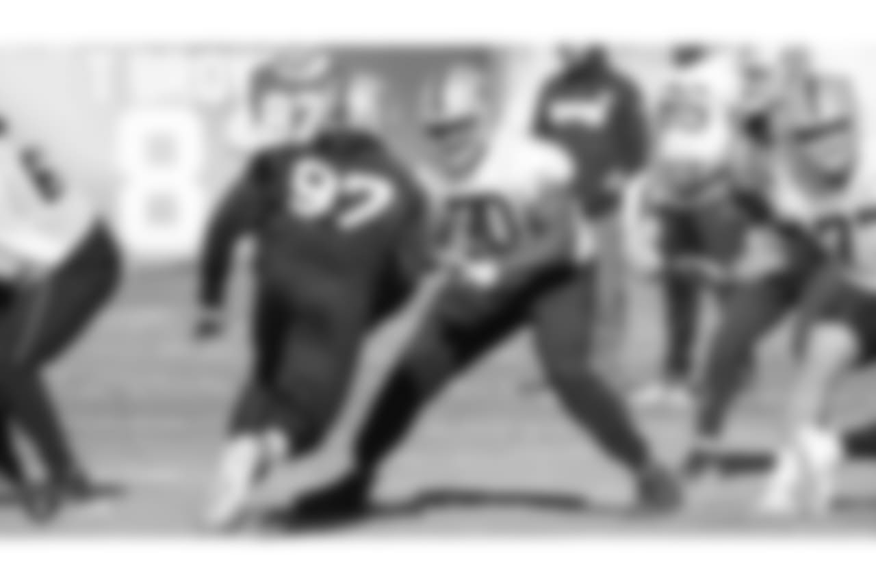 Oakland Raiders offensive guard/tackle Kelechi Osemele (70) on the field for practice at the Oakland Raiders Practice Facility, Friday, December 28, 2018, in Alameda, California.
