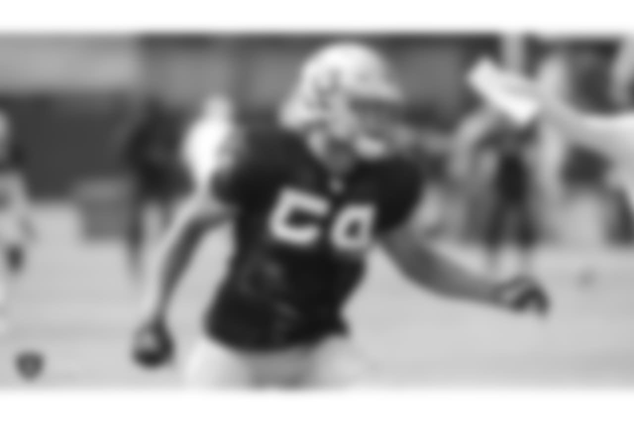 Oakland Raiders linebacker Kyle Wilber (58) on the field for practice at 2018 Training Camp at The Oakland Raiders Napa Valley Training Complex, Friday, August 3, 2018, in Napa, California.