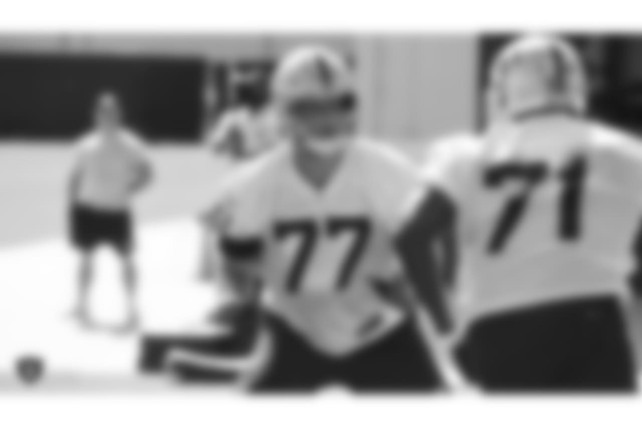 Oakland Raiders offensive tackle Kolton Miller (77) on the field for practice at The Oakland Raiders Practice Facility, Thursday, October 4, 2018, in Alameda, California.