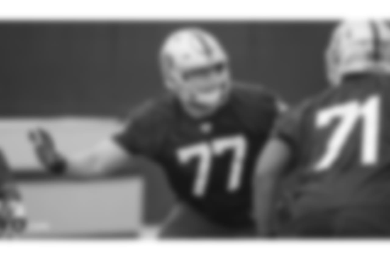 Oakland Raiders tackle Kolton Miller (77) on the field for practice at the Oakland Raiders Practice Facility, Friday, December 21, 2018, in Alameda, California.