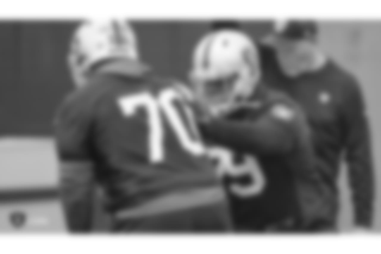 Oakland Raiders guard/tackle Denver Kirkland (79) on the field for practice at the Oakland Raiders Practice Facility, Friday, December 21, 2018, in Alameda, California.