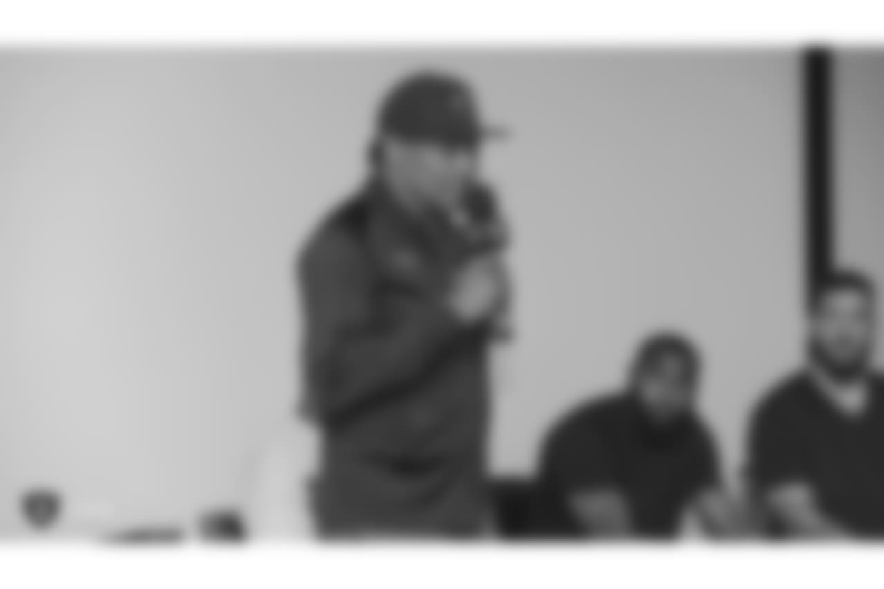 Oakland Raiders rookies listen to speakers Lincoln Kennedy, Robert Gallery, Darren McFadden, Greg Townsend, and Cliff Branch, Oakland Raiders alumni, as part of Rookie Academy, at the Oakland Raiders Practice Facility, Monday, June 18, 2018, in Alameda, California.