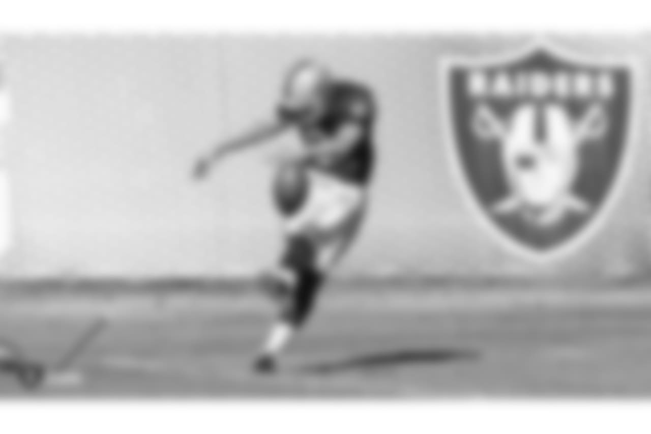 Oakland Raiders kicker Daniel Carlson (8) on the field for practice at the Oakland Raiders Practice Facility, Monday, November 5, 2018, in Alameda, California.