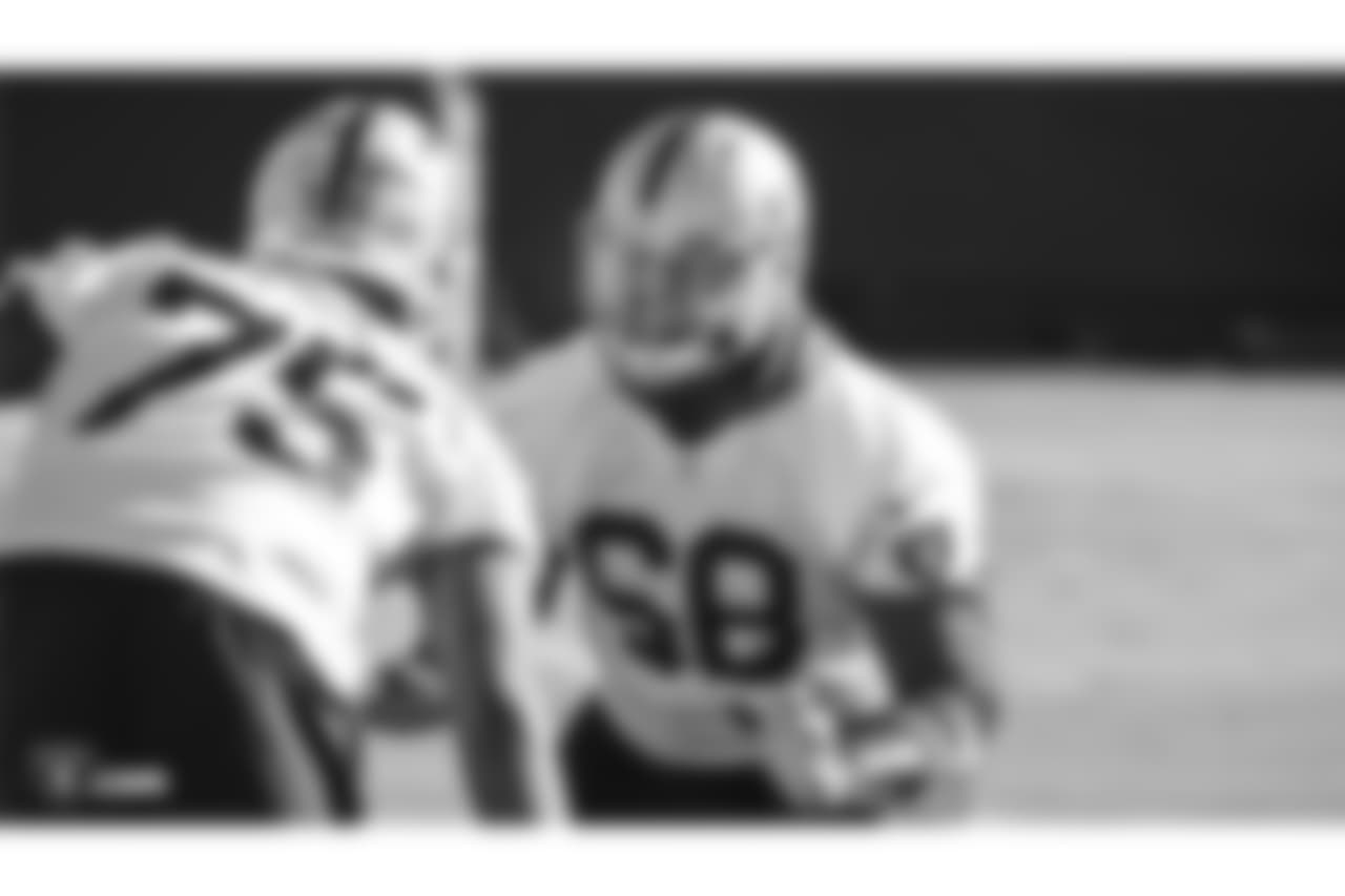 Oakland Raiders tackle David Sharpe (68) on the field for practice at the Oakland Raiders Practice Facility, Thursday, December 27, 2018, in Alameda, California.