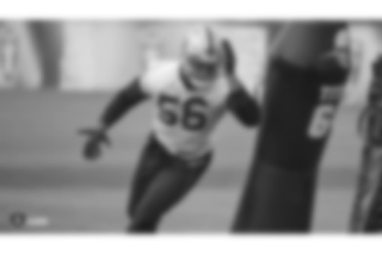 Oakland Raiders defensive end Damontre' Moore (56) on the field for practice at the Oakland Raiders Practice Facility, Friday, December 21, 2018, in Alameda, California.
