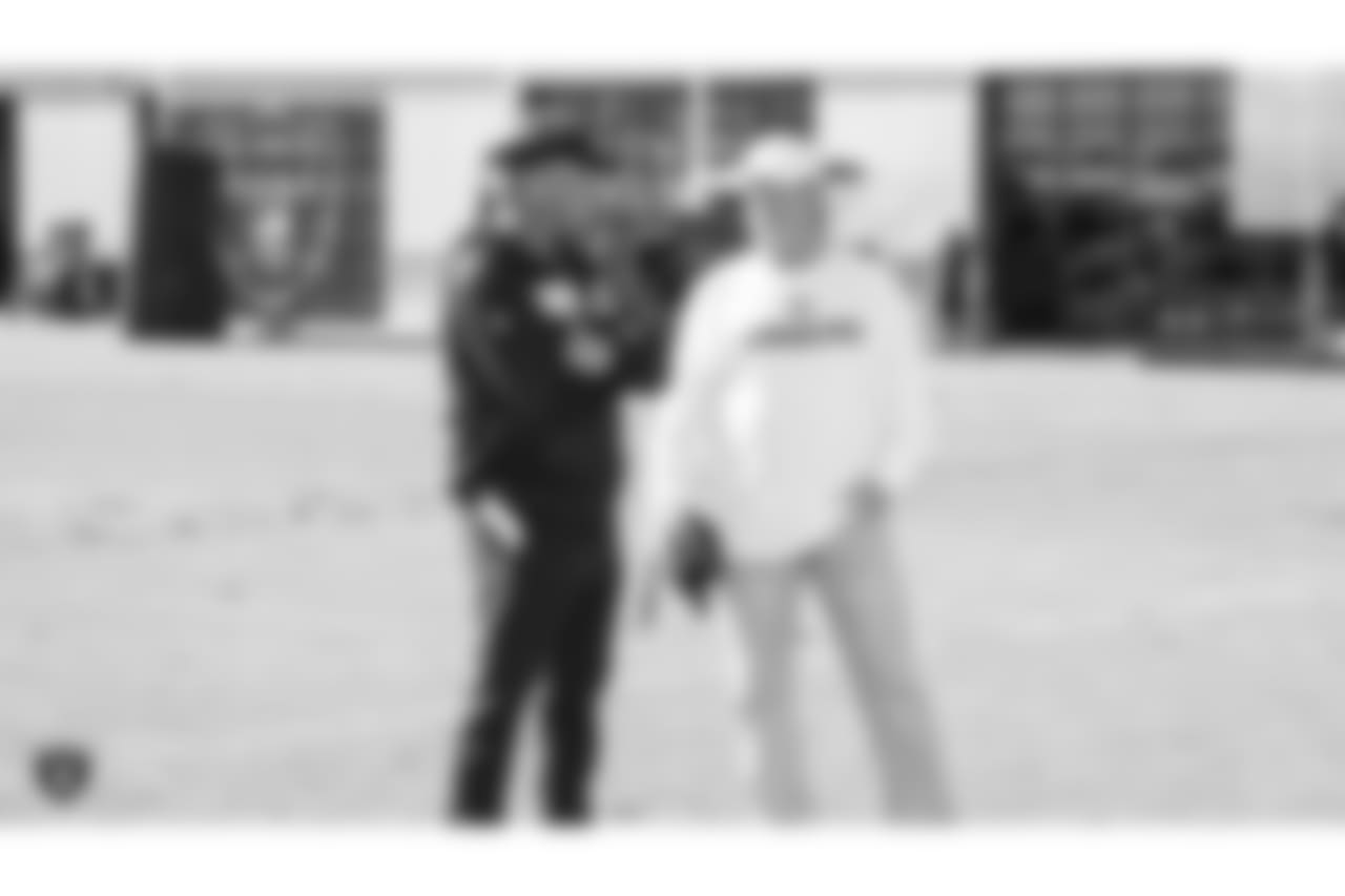 Oakland Raiders head coach Jon Gruden and owner Mark Davis on the field for practice at The Oakland Raiders Practice Facility, Wednesday, November 7, 2018, in Alameda, California.