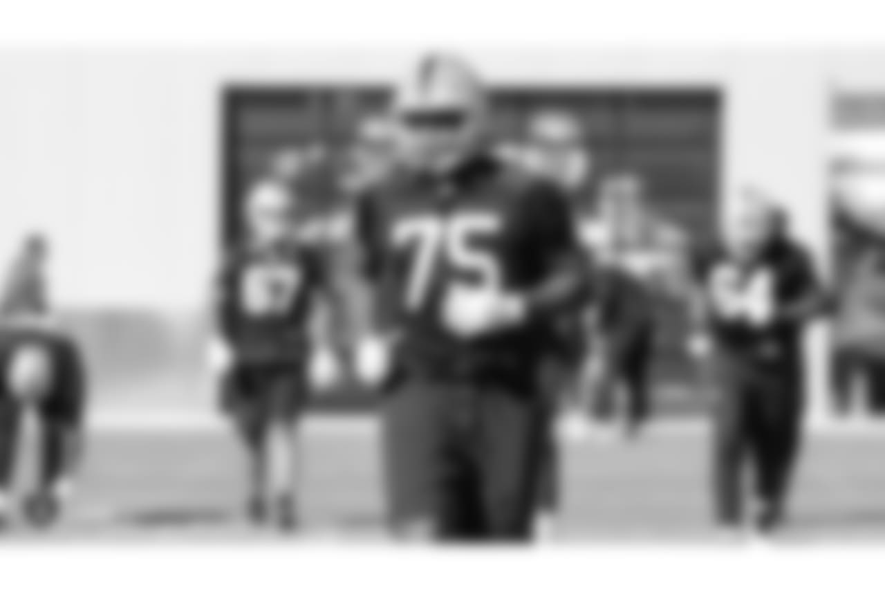 Oakland Raiders tackle Brandon Parker (75) on the field for practice at the Oakland Raiders Practice Facility, Monday, November 5, 2018, in Alameda, California.