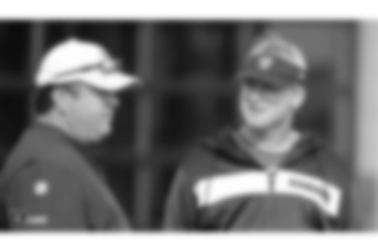 Oakland Raiders defensive coordinator Paul Guenther and head coach Jon Gruden on the field for practice at the Oakland Raiders Practice Facility, Friday, November 9, 2018, in Alameda, California.
