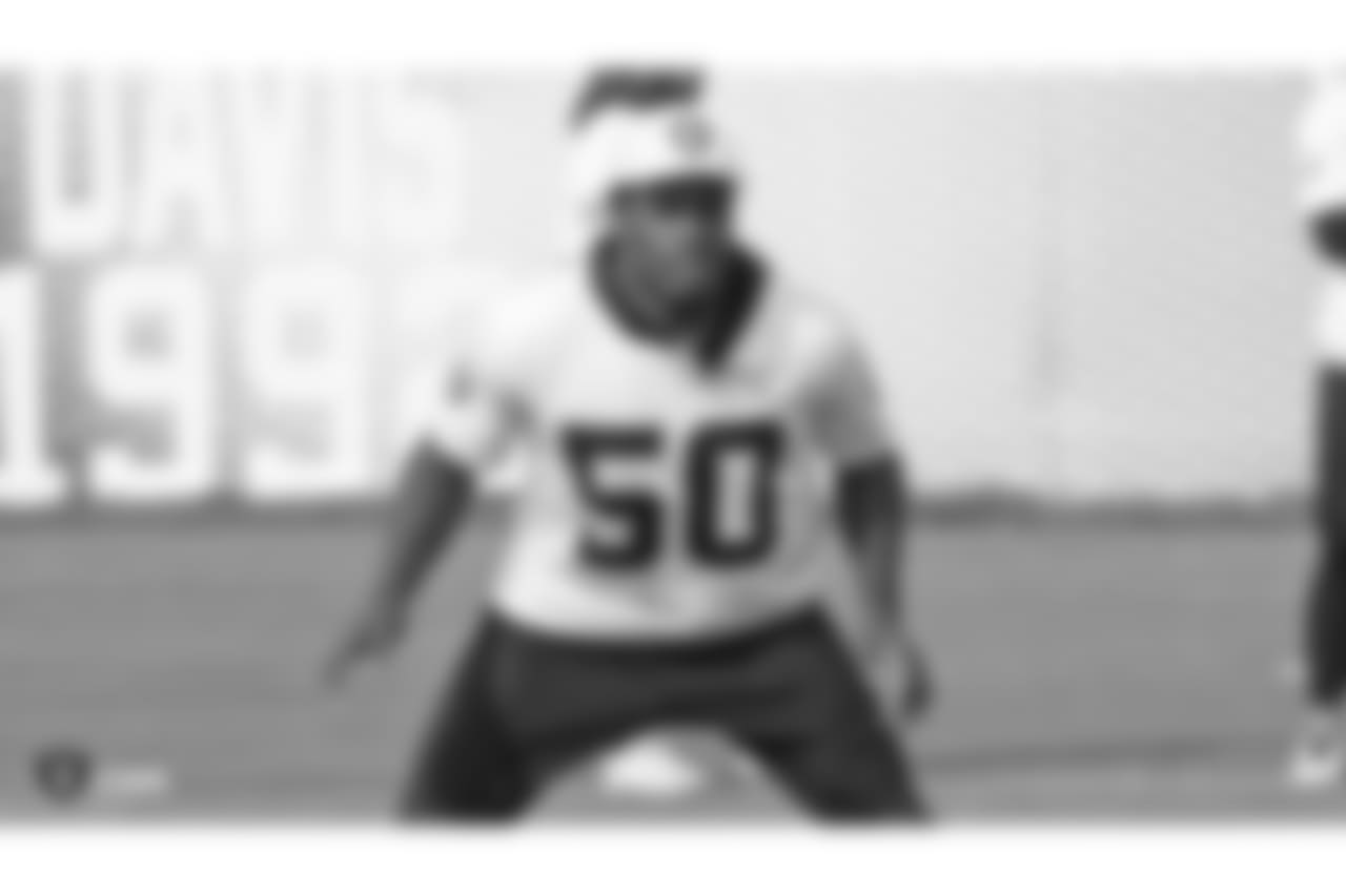 Oakland Raiders linebacker Nicholas Morrow (50) on the field for practice at the Oakland Raiders Practice Facility, Friday, November 9, 2018, in Alameda, California.