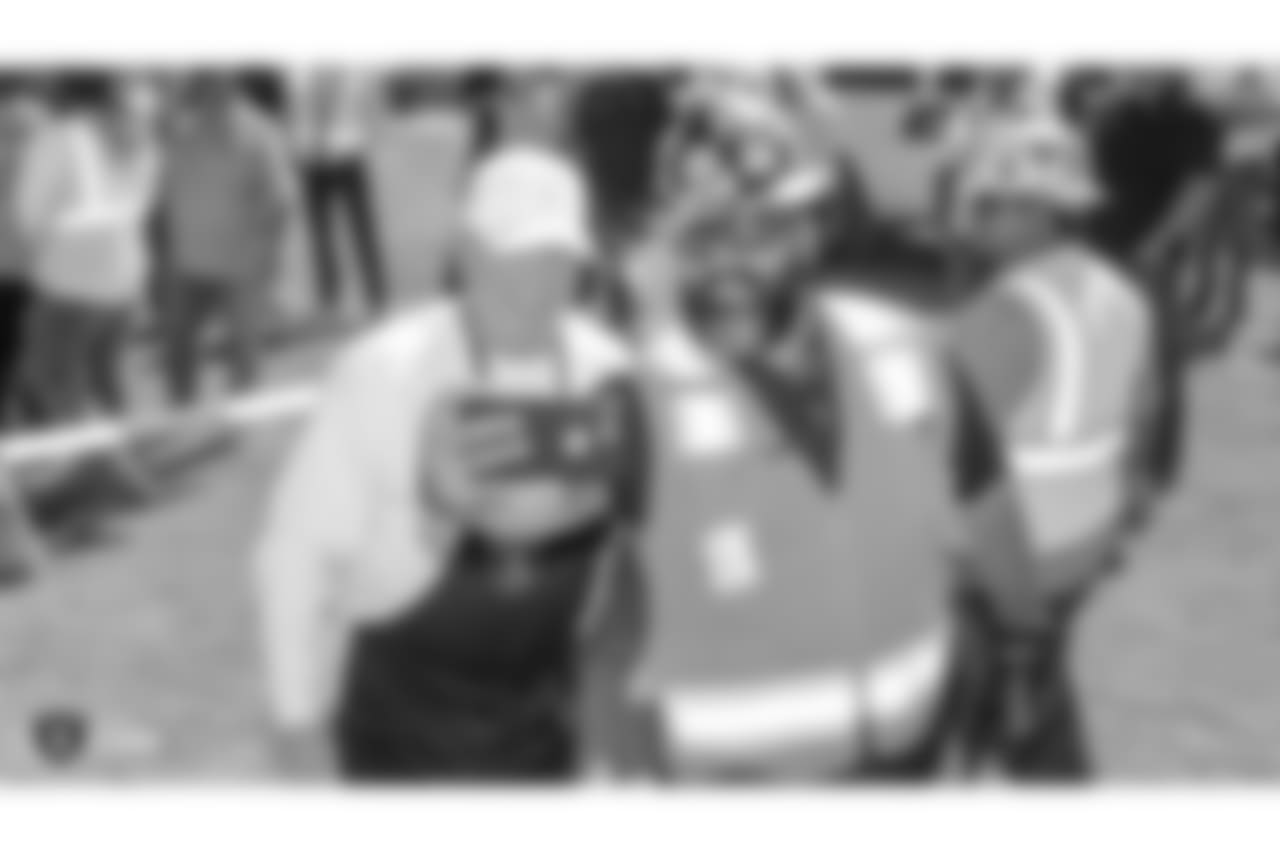 Raiders owner Mark Davis, president Marc Badain, and staff members from the Raiders front office spend the day with construction workers of the Las Vegas Stadium worksite by handing out lunches and sharing a meal, Thursday, September 27, 2018, at the Las Vegas Stadium worksite in Las Vegas, Nevada.