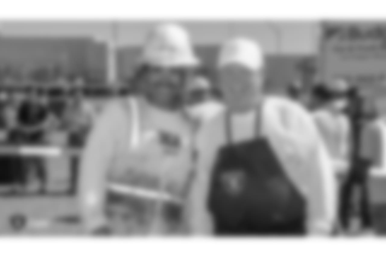 Raiders owner Mark Davis, president Marc Badain, and staff members from the Raiders front office spend the day with construction workers of the Las Vegas Stadium worksite by handing out lunches and sharing a meal, Thursday, September 27, 2018, at the Las Vegas Stadium worksite in Las Vegas, Nevada.