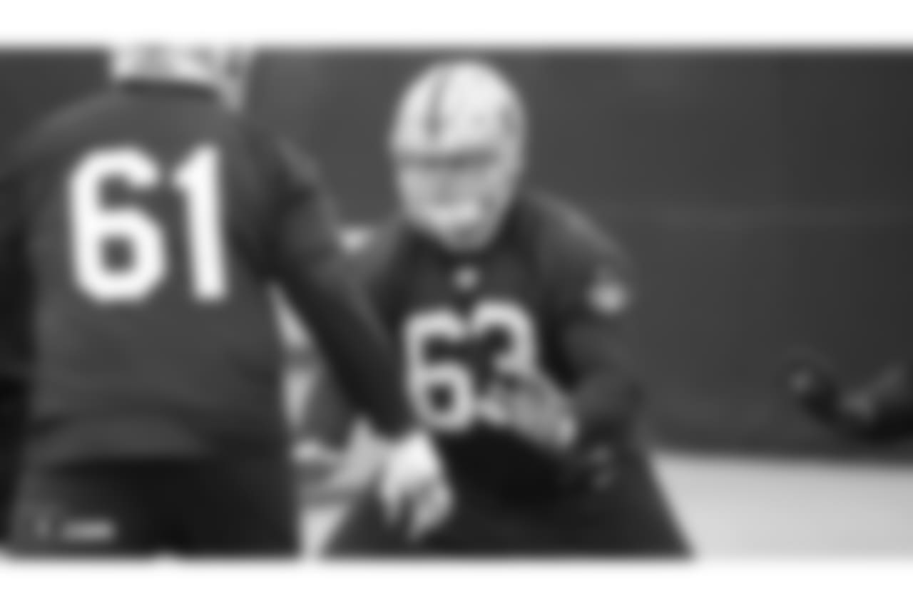 Oakland Raiders guard Cameron Hunt (63) on the field for practice at the Oakland Raiders Practice Facility, Friday, December 21, 2018, in Alameda, California.