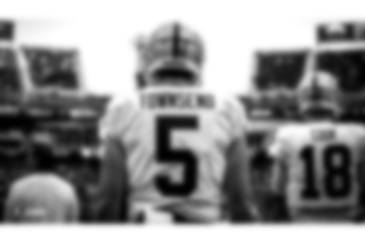 Oakland Raiders punter Johnny Townsend (5) warming up before The Oakland Raiders preseason game against the Seattle Seahawks at CenturyLink Field, Thursday, August 30, 2018, in Seattle, Washington. The Oakland Raiders won 30-19.