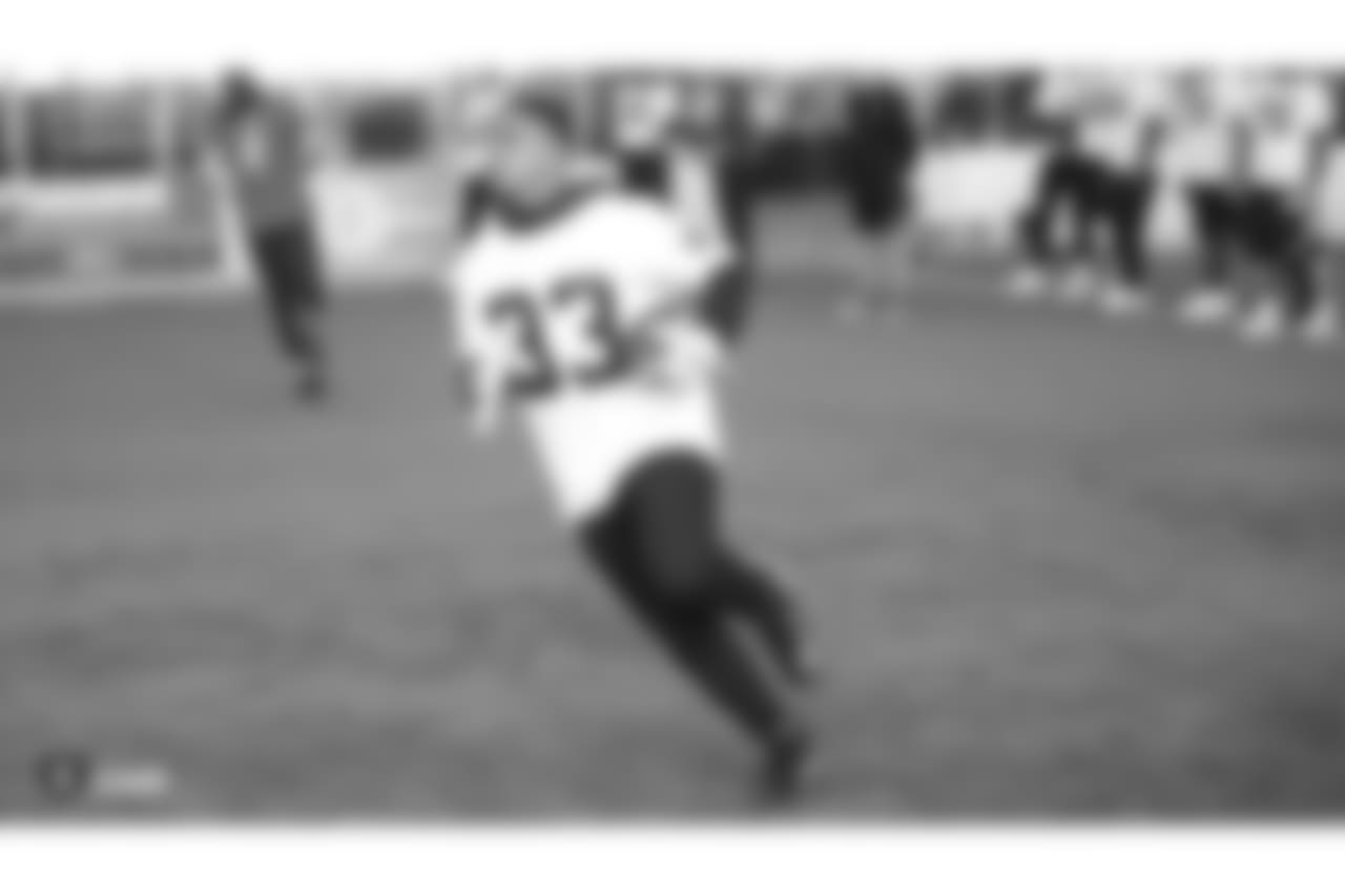 Oakland Raiders running back DeAndrŽ Washington (33) on the field for a walk through at Bladium Sports & Fitness, Thursday, November 15, 2018, in Alameda, California.