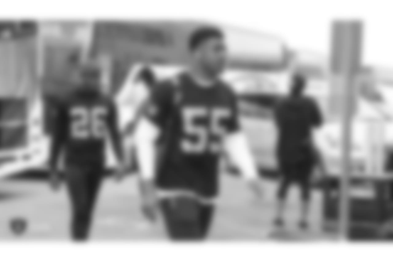 Oakland Raiders linebacker Marquel Lee (55) arrive to the field for a walk through at Bladium Sports & Fitness, Thursday, November 15, 2018, in Alameda, California.