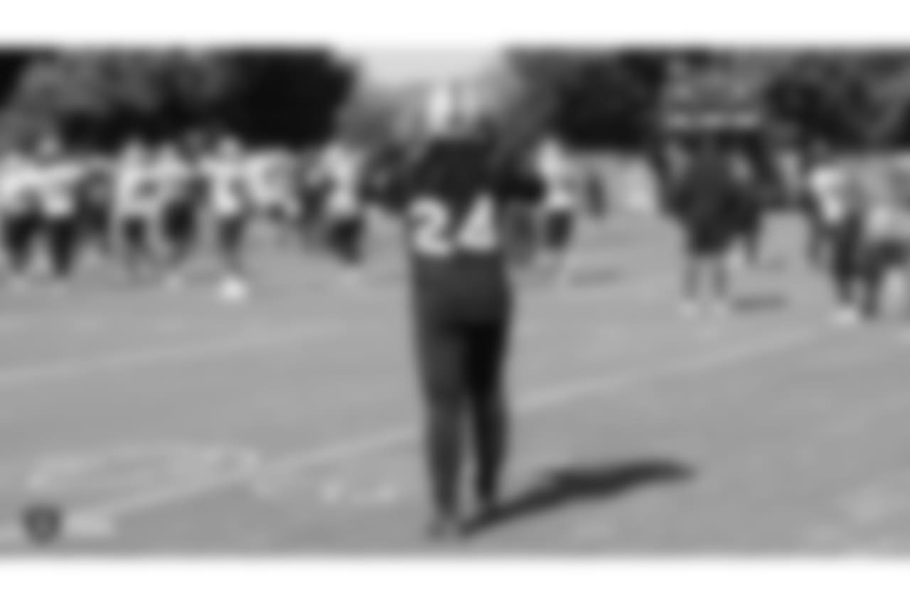 Oakland Raiders running back Marshawn Lynch (24) on the field for practice at the Oakland Raiders Practice Facility, Thursday, October 11, 2018, in Alameda, California.
