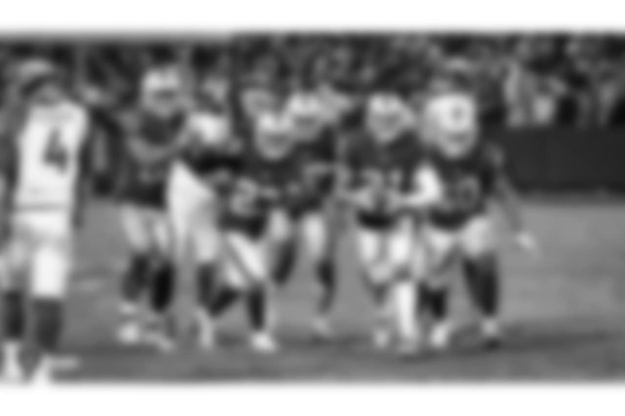 Oakland Raiders linebacker Tahir Whitehead (59), cornerback Nick Nelson (23), strong safety Karl Joseph (42), safety Marcus Gilchrist (31), an linebacker Nicholas Morrow (50) during the Oakland Raiders regular season game against the Denver Broncos at Oakland-Alameda County Coliseum, Monday, December 24, 2018, in Oakland, California. The Oakland Raiders won 24-17.