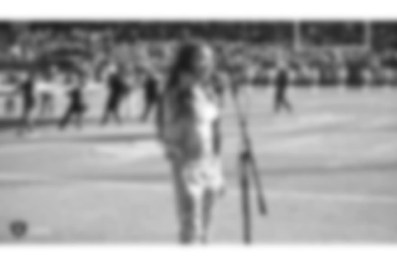 Recording artist and actor Tinashe performs the national anthem before The Oakland Raiders regular season game against the Kansas City Chiefs at Oakland-Alameda County Coliseum, Sunday, December 2, 2018, in Alameda, California. The Oakland Raiders lost 40-33.