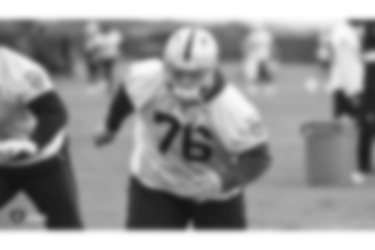 Oakland Raiders guard/center Jon Feliciano (76) on the field for practice at the Oakland Raiders Practice Facility, Thursday, November 22, 2018, in Alameda, California.