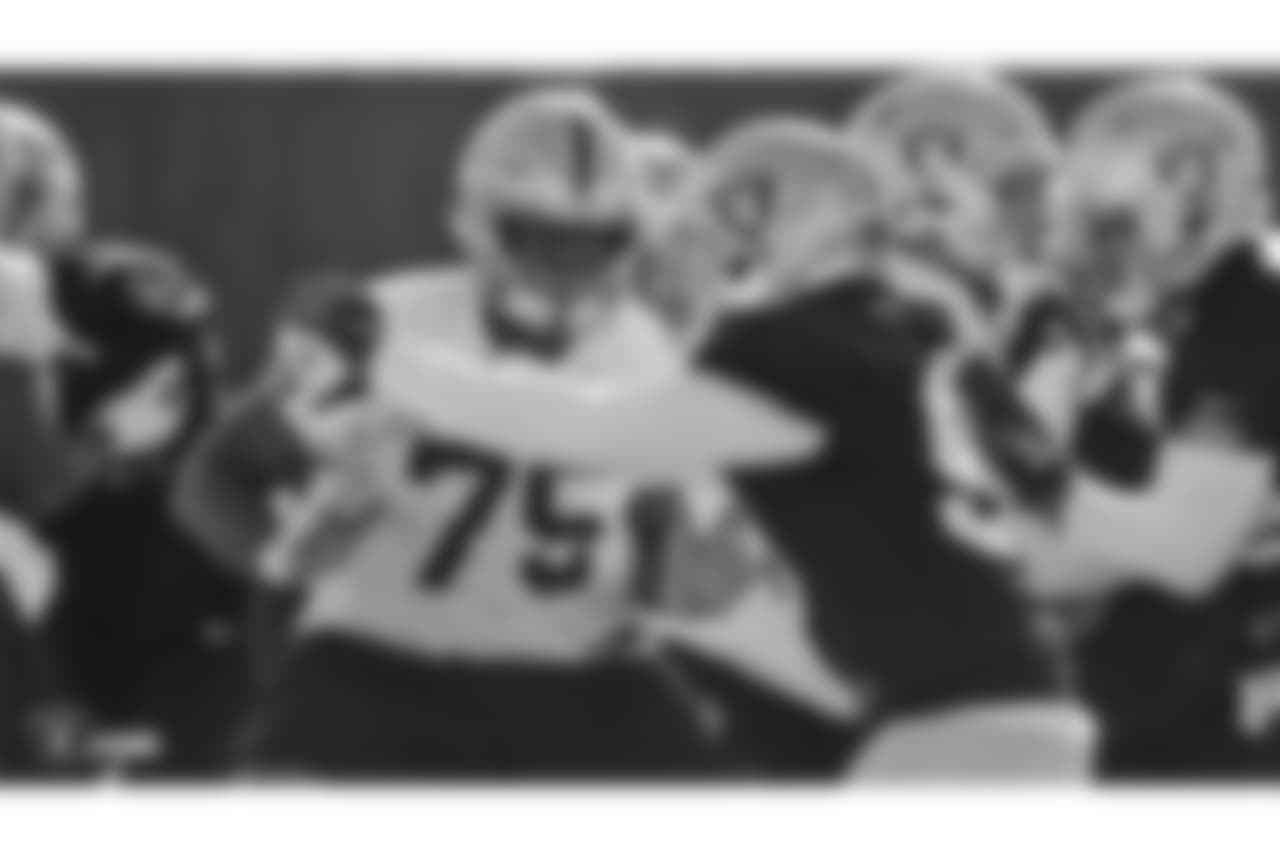 Oakland Raiders tackle Brandon Parker (75) on the field for practice at the Oakland Raiders Practice Facility, Friday, December 28, 2018, in Alameda, California.