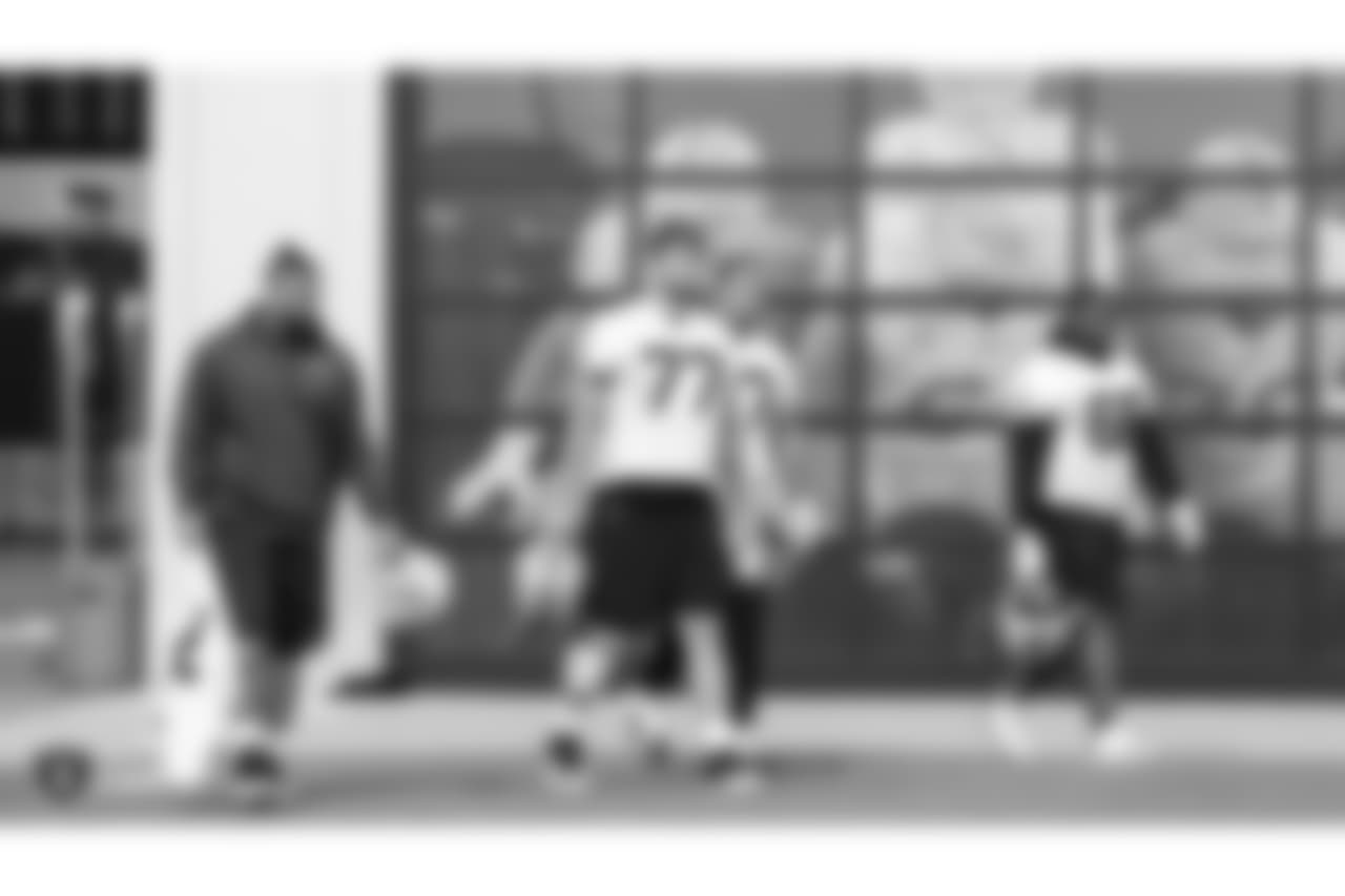 Oakland Raiders offensive guard Jon Feliciano (76), offensive tackle Kolton Miller (77), offensive lineman Ian Silberman (67), and offensive guard Gabe Jackson (66) on the field for practice at the Oakland Raiders Practice Facility, Friday, October 5, 2018, in Alameda, California.