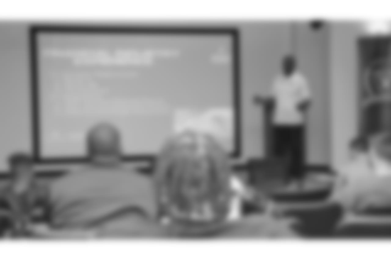 Oakland Raiders rookies listen to speaker Marco Coleman, assistant defensive line coach and financial advisor, as part of Rookie Academy, at the Oakland Raiders Practice Facility, Wednesday, June 20, 2018, in Alameda, California.