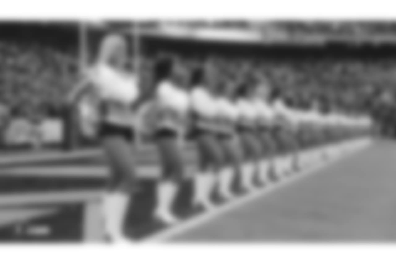 The Raiderettes during the national anthem before the Oakland Raiders game against the Pittsburgh Steelers at Oakland-Alameda County Coliseum, Sunday, December 9, 2018, in Oakland, California. The Oakland Raiders won 24-21.