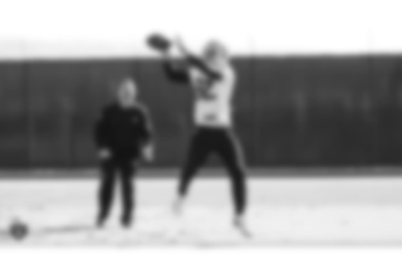 Oakland Raiders offensive coordinator Greg Olson and wide receiver Jordy Nelson (82) on the field for practice at the Oakland Raiders Practice Facility, Friday, December 28, 2018, in Alameda, California.