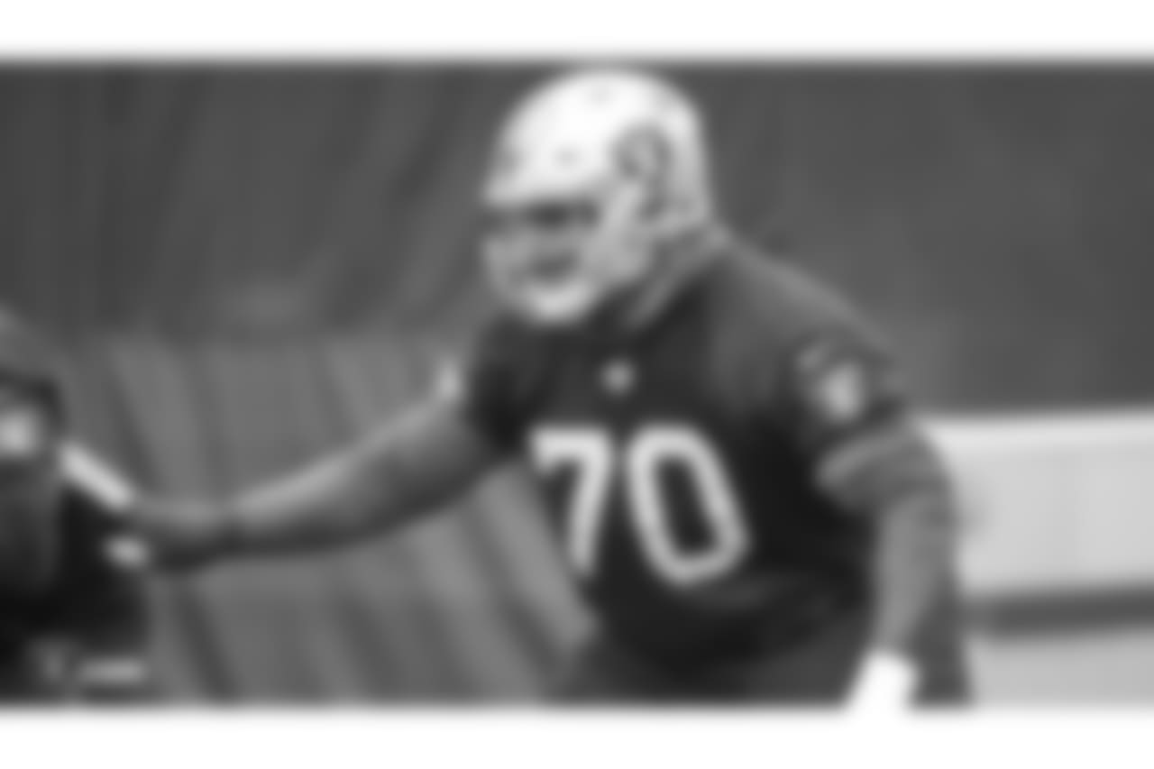 Oakland Raiders offensive guard/tackle Kelechi Osemele (70) on the field for practice at the Oakland Raiders Practice Facility, Friday, December 21, 2018, in Alameda, California.