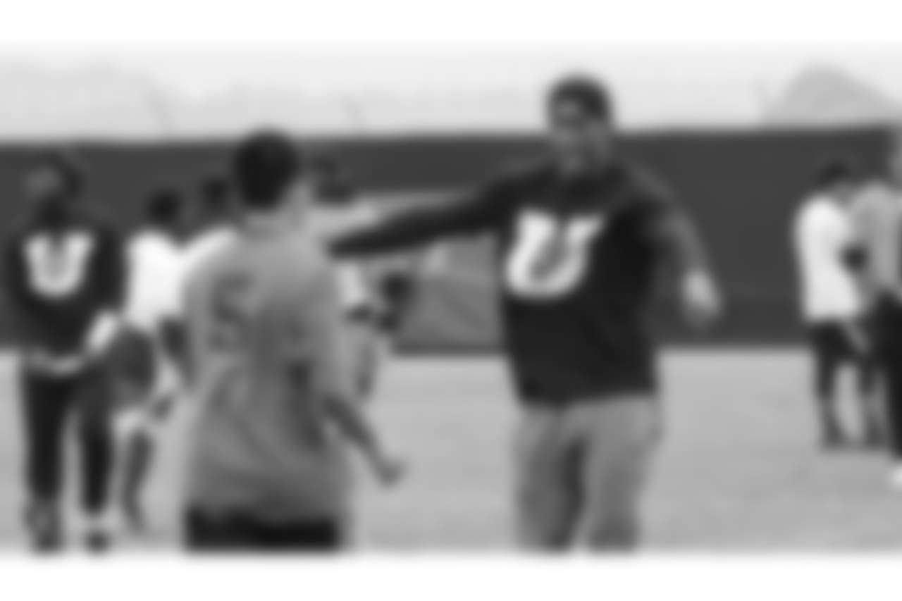 Students from local Bay Area high schools participate in Raiders U, a 7 on 7 football tournament with 8 teams that is coached entirely by Raiders players, at the Oakland Raiders Practice Facility, Thursday, June 7, 2018, in Alameda, California.