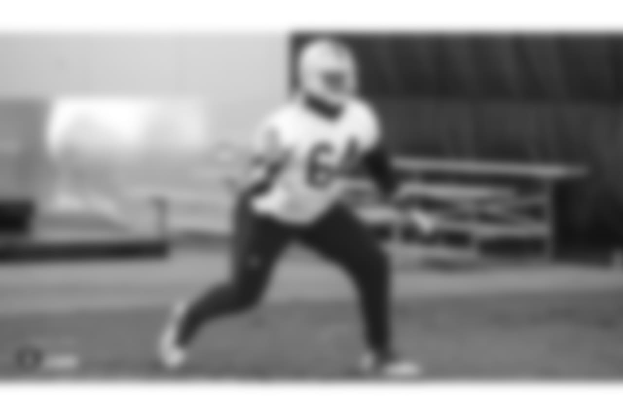 Oakland Raiders tackle Jamar McGloster (64) on the field for practice at the Oakland Raiders Practice Facility, Thursday, December 27, 2018, in Alameda, California.
