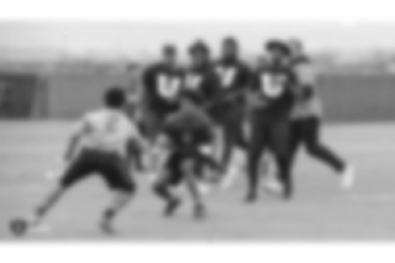 Students from local Bay Area high schools participate in Raiders U, a 7 on 7 football tournament with 8 teams that is coached entirely by Raiders players, at the Oakland Raiders Practice Facility, Thursday, June 7, 2018, in Alameda, California.