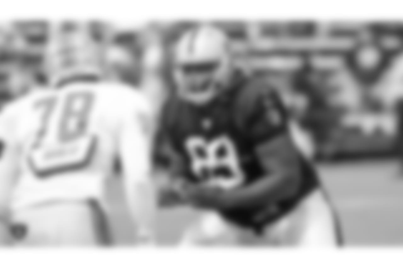 Oakland Raiders offensive tackle Jylan Ware (69) on the field for a joint practice with the Detroit Lions at 2018 Training Camp at The Oakland Raiders Napa Valley Training Complex, Tuesday, August 7, 2018, in Napa, California.