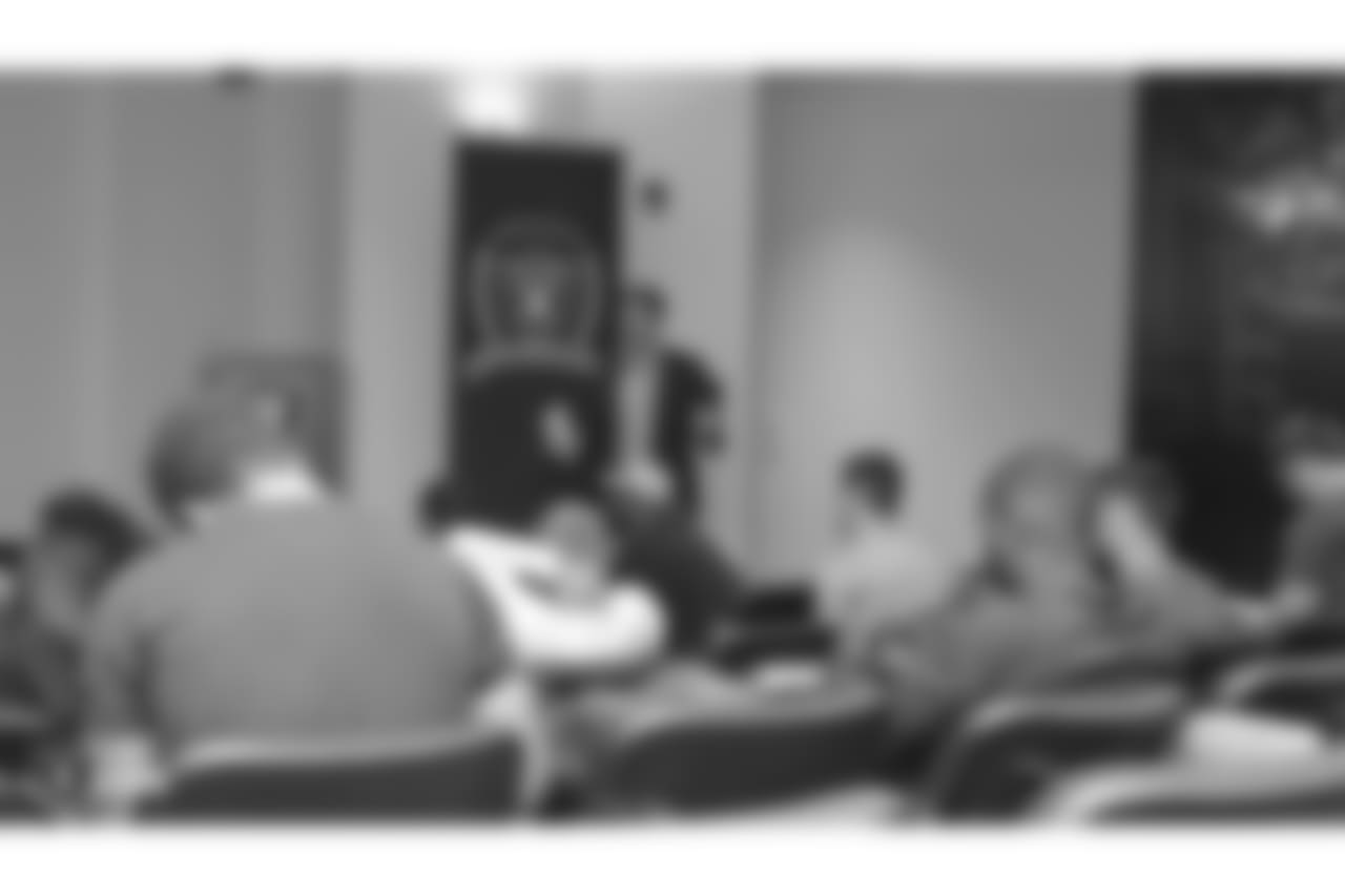 Oakland Raiders rookies listen to speaker Gerry Matalon of Matalon Media, as part of Rookie Academy, at the Oakland Raiders Practice Facility, Wednesday, June 20, 2018, in Alameda, California.