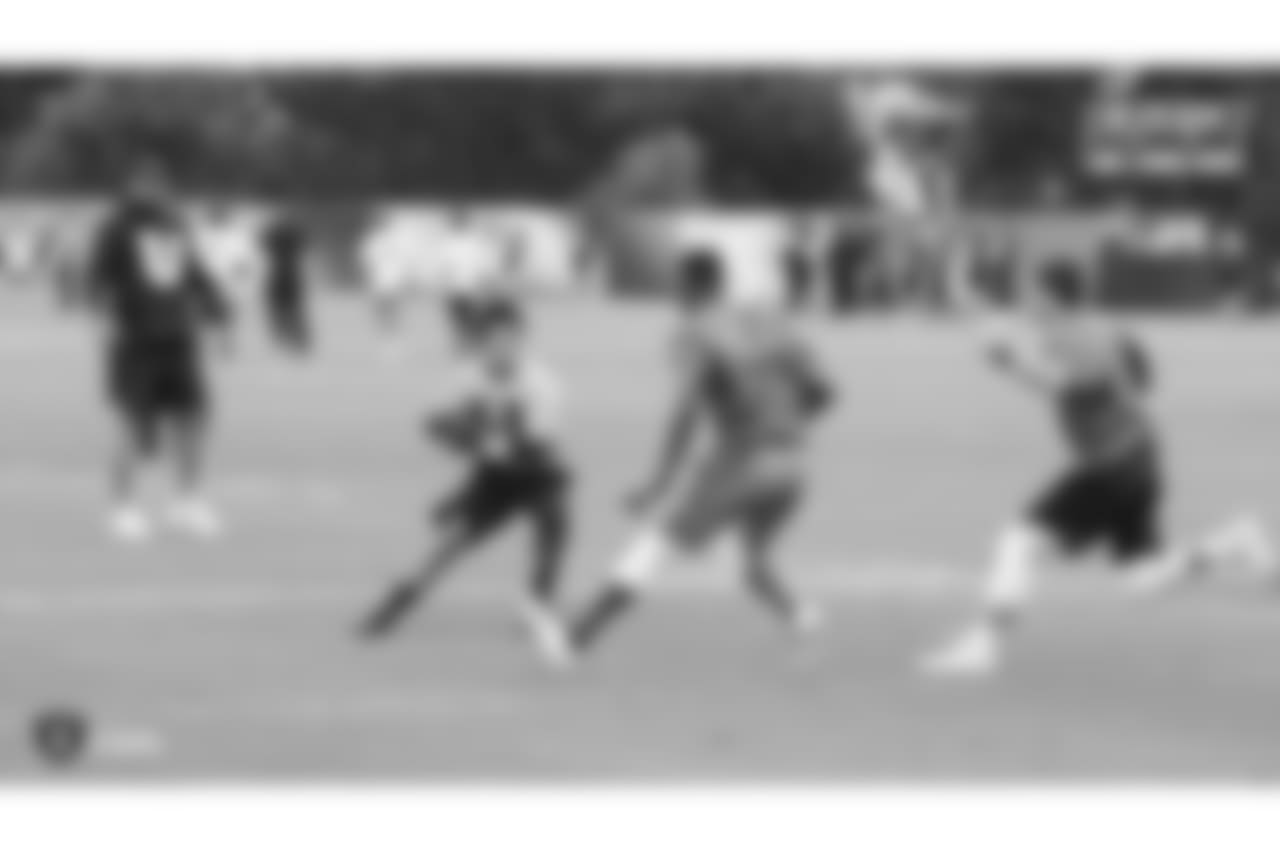 Students from local Bay Area high schools participate in Raiders U, a 7 on 7 football tournament with 8 teams that is coached entirely by Raiders players, at the Oakland Raiders Practice Facility, Thursday, June 7, 2018, in Alameda, California.