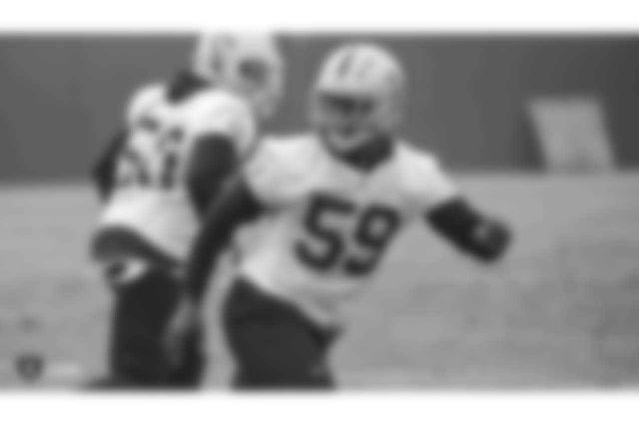 Oakland Raiders linebacker Tahir Whitehead (59) on the field for practice at the Oakland Raiders Practice Facility, Friday, December 21, 2018, in Alameda, California.