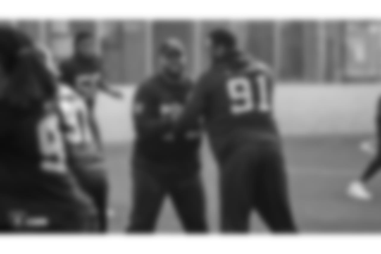 Oakland Raiders defensive tackle Maurice Hurst (73) and linebacker Shilique Calhoun (91) on the field for a walk through at Bladium Sports & Fitness, Friday, November 16, 2018, in Alameda, California.