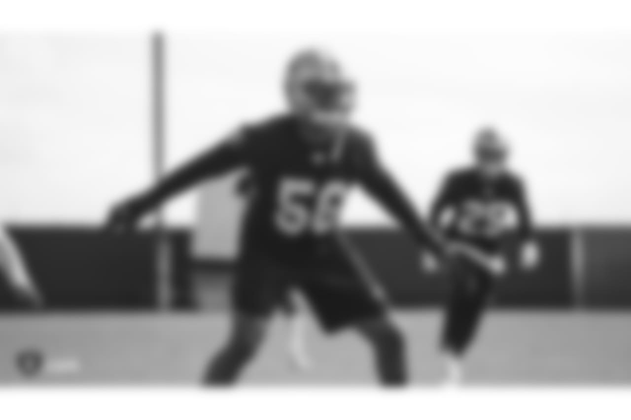 Oakland Raiders linebacker Derrick Johnson (56) on the field for practice at The Oakland Raiders Practice Facility, Thursday, October 4, 2018, in Alameda, California.