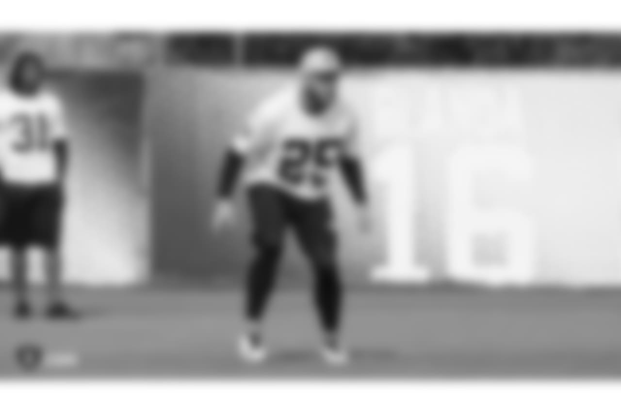 Oakland Raiders safety Erik Harris (25) on the field for practice at the Oakland Raiders Practice Facility, Friday, November 9, 2018, in Alameda, California.
