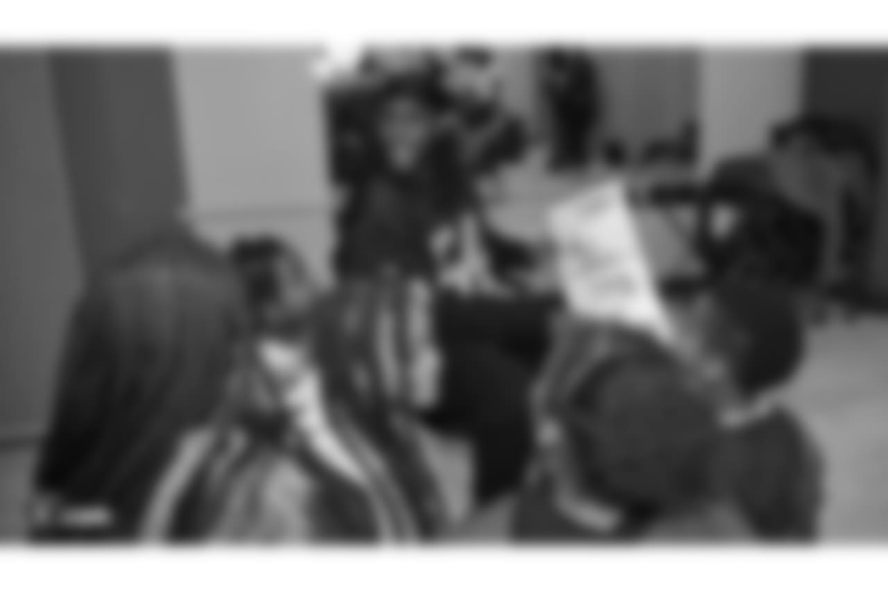 Oakland Raiders defensive tackle Clinton McDonald and his Light Into Darkness Foundation, along with linebacker Emmanuel Lamur, linebacker Kyle Wilber, punter Johnny Townsend, defensive tackle Frostee Rucker, and fullback Ryan Yurachek, partner with the nonprofit First Book by hosting a reading party to promote literacy at the West Oakland Youth Center, Tuesday, December 11, 2018, in Oakland, California.