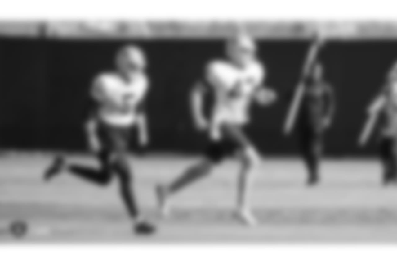 Oakland Raiders punter Johnny Townsend (5) and long snapper Trent Sieg (47) on the field for practice at the Oakland Raiders Practice Facility, Thursday, December 27, 2018, in Alameda, California.