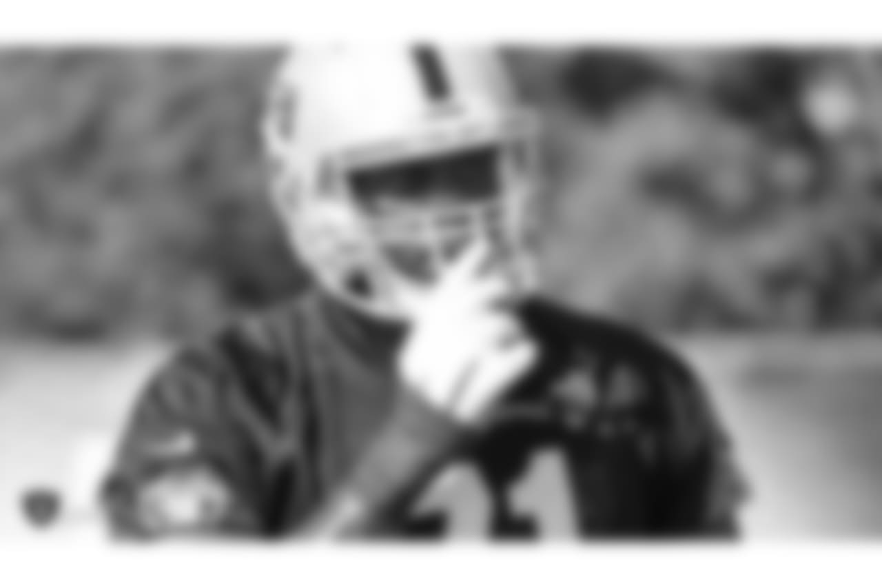 Oakland Raiders tackle Justin Murray (71) on the field for practice at the Oakland Raiders Practice Facility, Thursday, October 25, 2018, in Alameda, California.
