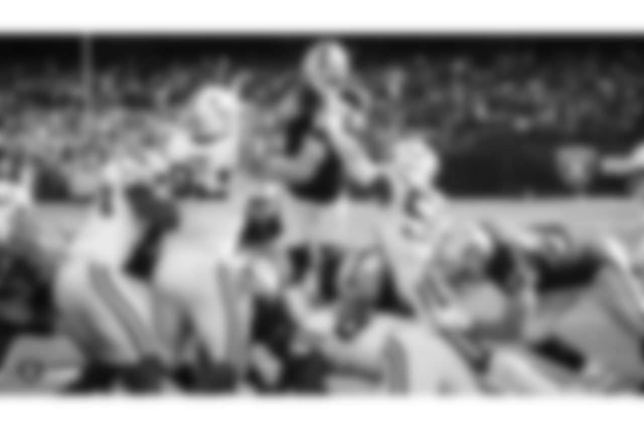 Oakland Raiders quarterback Derek Carr (4) during the Oakland Raiders regular season game against the Indianapolis Colts at Oakland-Alameda County Coliseum, Sunday, October 28, 2018, in Oakland, California. The Oakland Raiders lost 42-28.